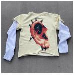 Men'S Graphic Long Sleeve Shirts With Raw Hem Acid Washed Knitted Weaving