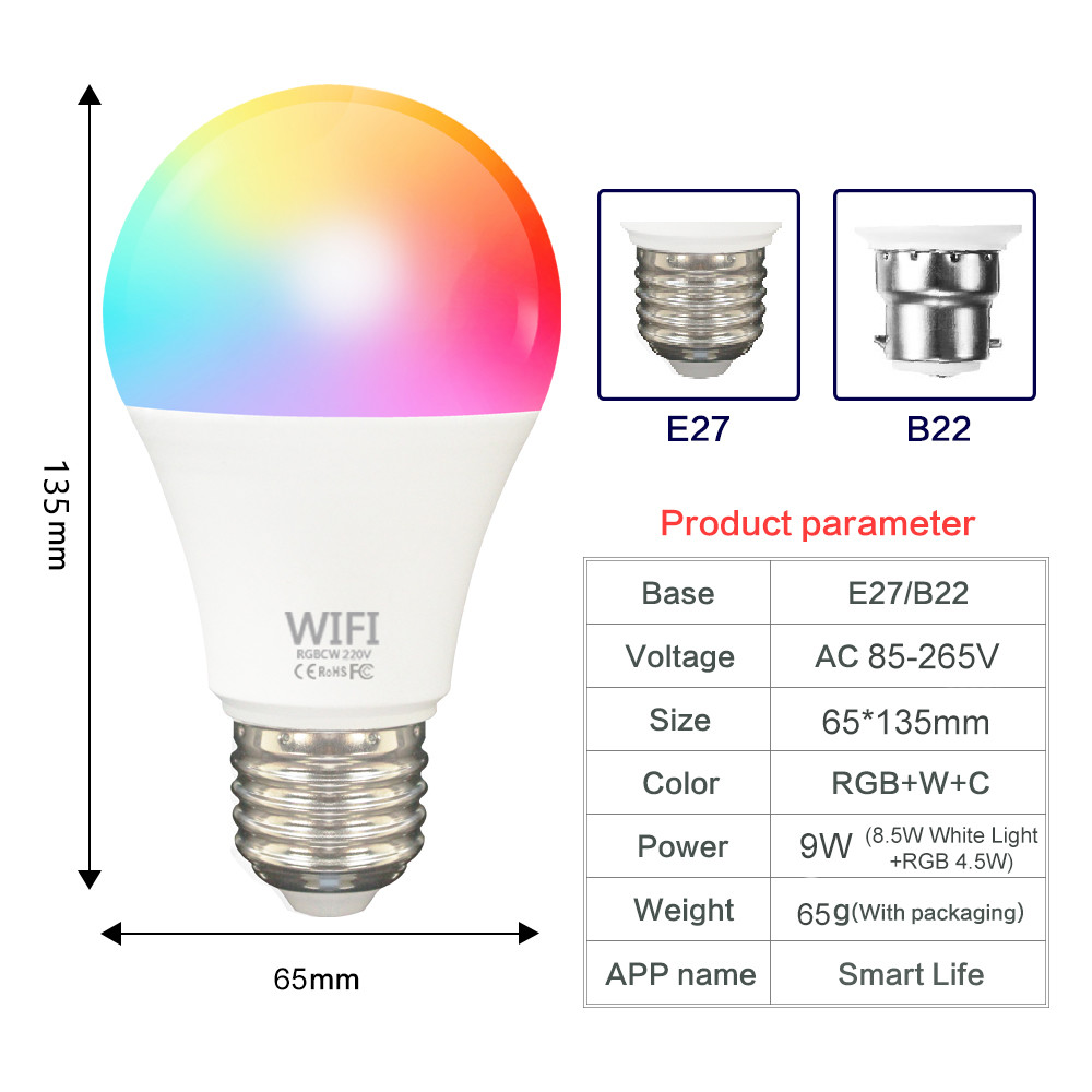 Dimmable E26 Smart WiFi LED Bulbs Works with Alexa Google Home 2700K-6500K RGBWW