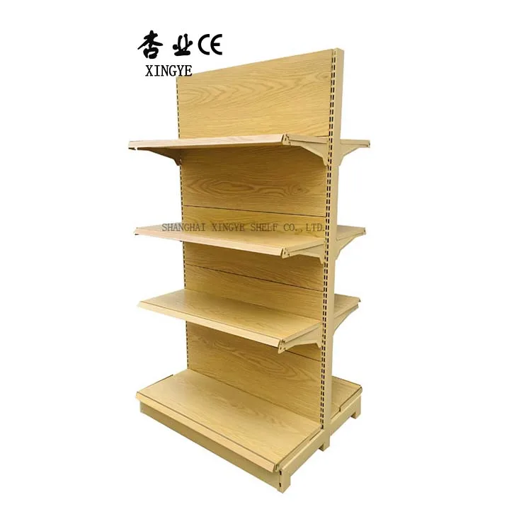 Factory Custom Size Wood grain color supermarket shelf double-sided gondola shelf