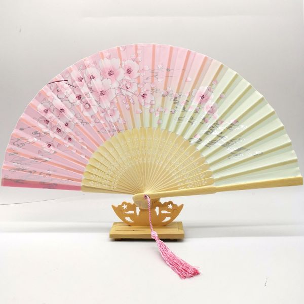 Wholesale Custom Logo Printed Bamboo Folding Fan 21CM(8.27in) Hand Crank Fan with Bamboo and Silk Material