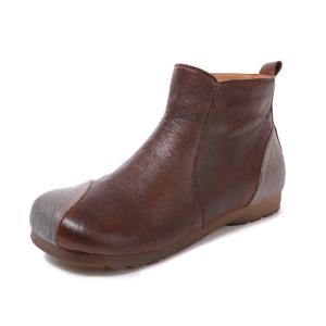 Wholesale S022 Autumn and winter new style literary leather retro women's boots round toe soft patch flat bottom handmade casual from china suppliers