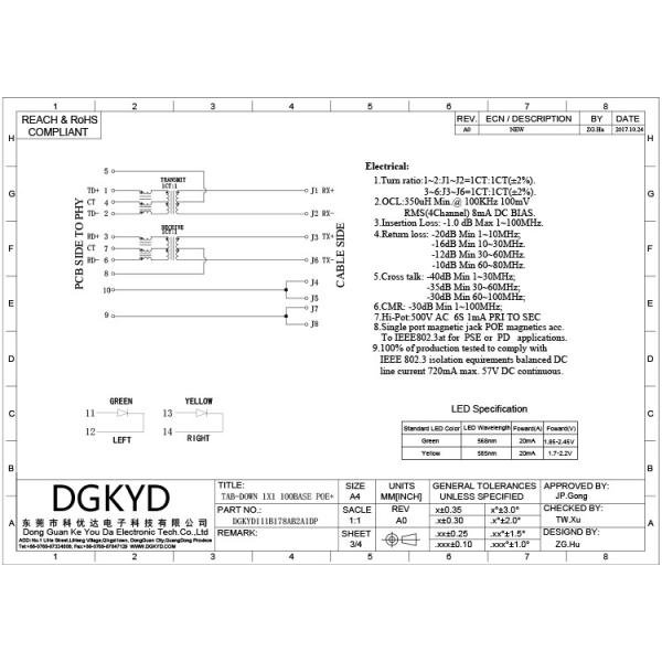 DGKYD111B178AB2A1DP RJ45 Connector Crystal Head Network 100M With Light Poe