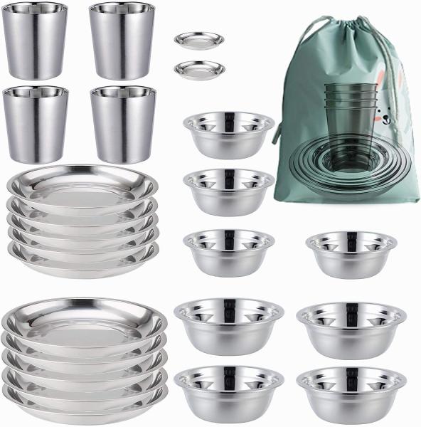 Stainless Steel Camping Plates Cups And Bowls Set. Camping Dish Set, Camping