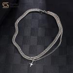 Hip Hop Cuban Link Chain Necklace Titanium Steel Cross Pendant Double Layer