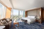 Star Hotel Room Furniture Upholstered bed with Sofa chairs and Fixed wood Panels