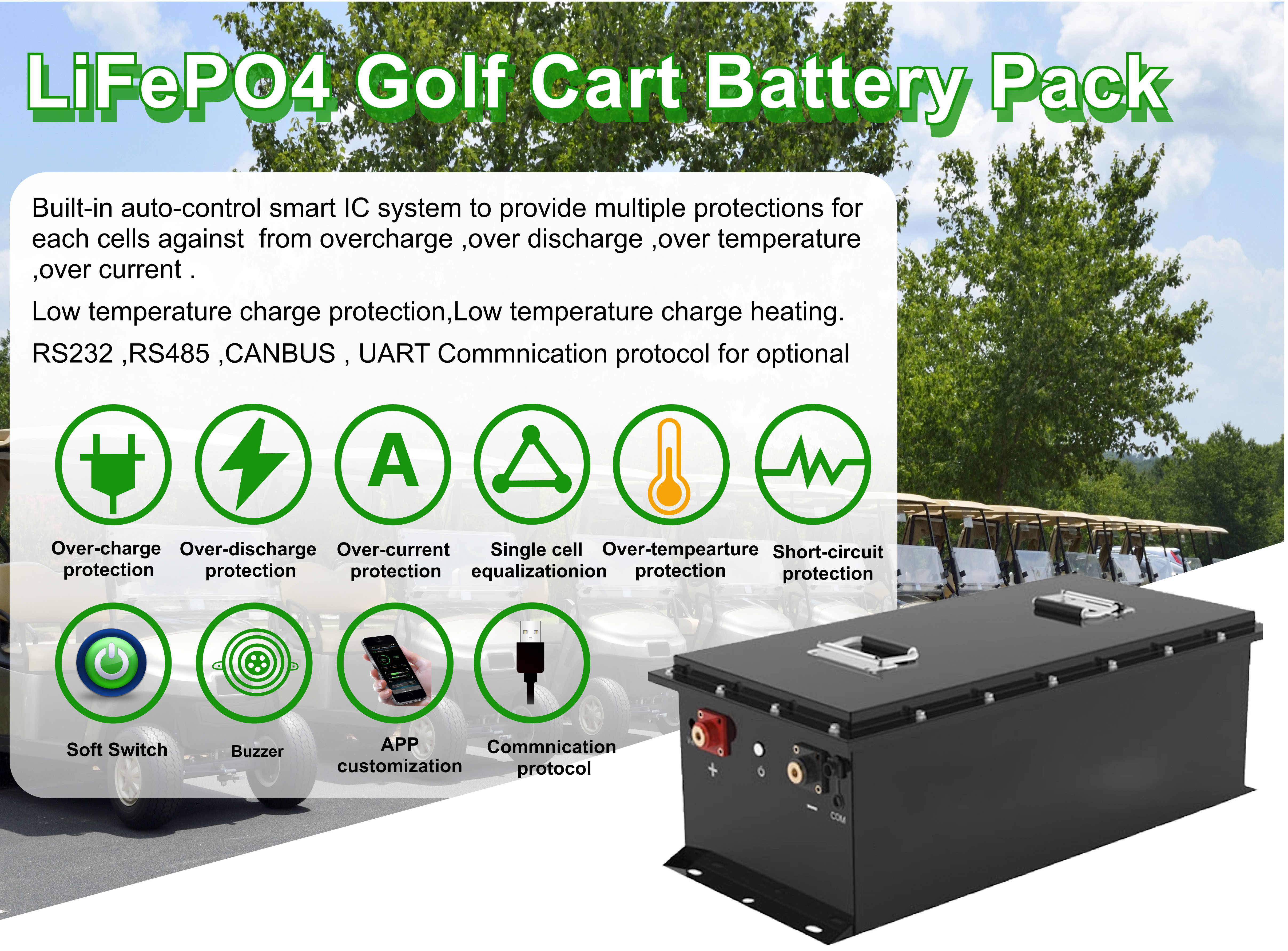 48V 100Ah LiFePO4 Golf Cart Batteries 300A/10s Peak Current Over Current Protection