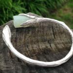 Handcraft Sterling Silver Cuff Bracelet with Sculpted Natural Jade Gardenias