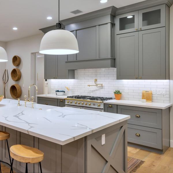 Matte Gray Lacquer Modular Kitchen Cabinets With Island American Shaker Style