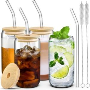 Wholesale 4 Set Glass Cups with Lids and Straws 16 oz, Glasses Drinking Set, Iced Coffee Cup with Bamboo Lids, from china suppliers