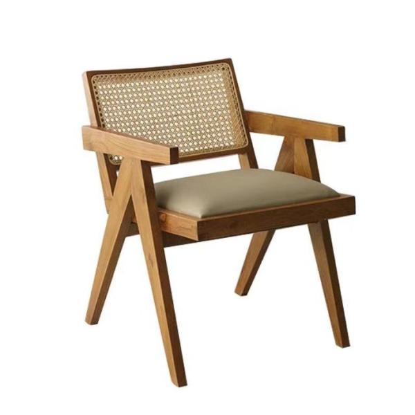 Wooden Rattan Dining Armrest Chair with Solid Wood Construction General Home