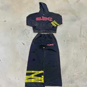 Wholesale Acid Washed Sweatsuit Custom Zip up Vintage Screen Print Cropped Hoodies Tracksuit Baggy Flared Sweat Pant and Hoodie Set Men from china suppliers
