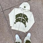 Vintage Distressed Patch Applique Embroidery Hoodie Set with Customizable Color