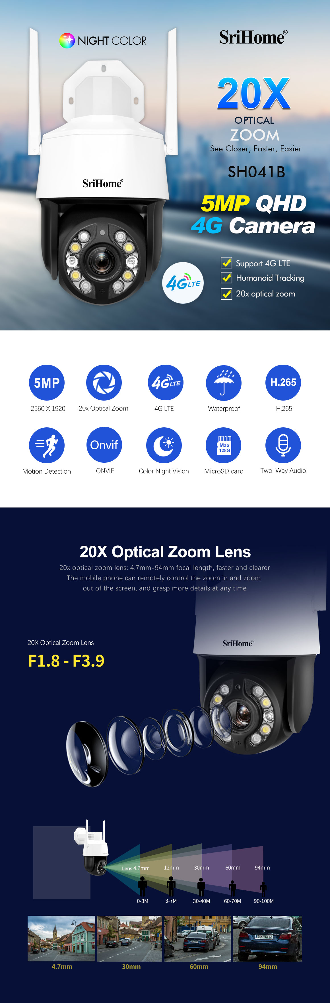 SH041 5MP Night Color Vision 4G LTE Wireless Outdoor 20x Optical Zoom PTZ Camera