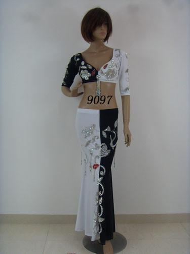 Quality Metallic V Neckline White Black Bra Floor Length Maxi Skirt Belly 2 Piece Dance Costumes for sale