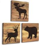 Wooden Cabin Decor with Bear, Deer and Moose (Set of 3) - Woodland Rustic Wall
