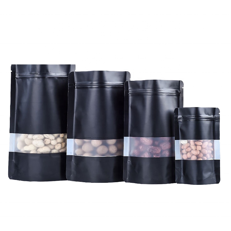 Wholesale Custom Print Matte Window Zipper Stand Pouch Black Resealable Zip Lock Bag Aluminum Foil Bags