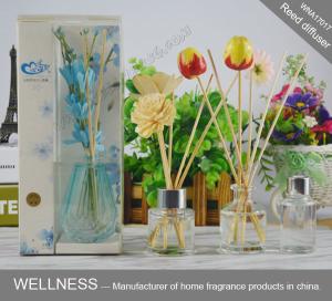 Wholesale Exquisite Colorful Wooden Reed Diffuser With Customized Clear Bottle , Silver Lid And Wood Flower from china suppliers
