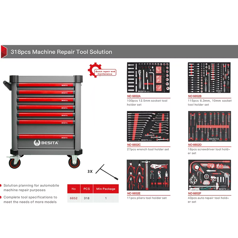 318 Pcs Aluminium Automobile Repair Tools 7 Drawer Removable Cabinet Tool Trolley