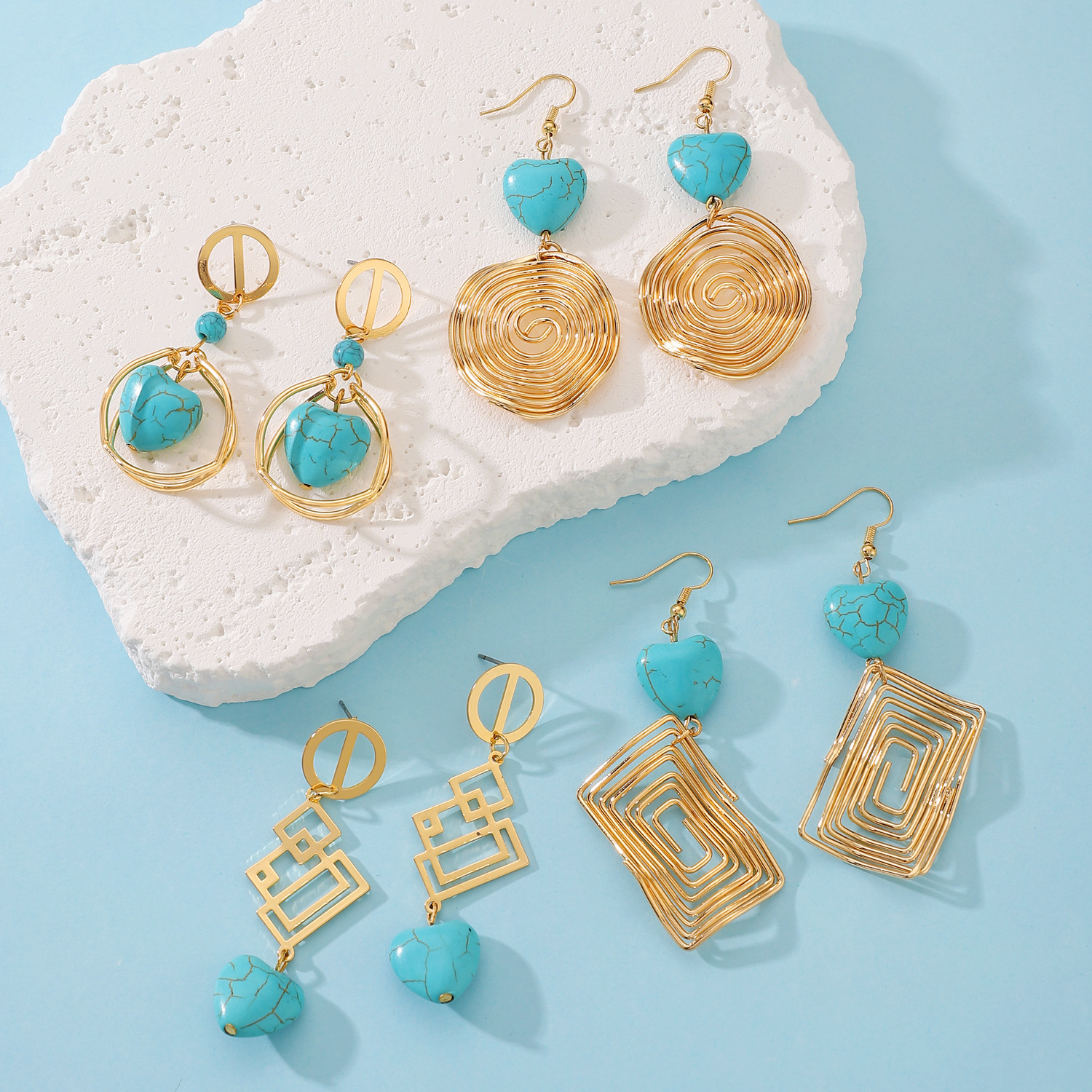 Fashion Irregular Geometric Spiral Line Turquoise Earrings For Women, Designer Earrings, European And American Cross-Border Foreign Trade Earrings