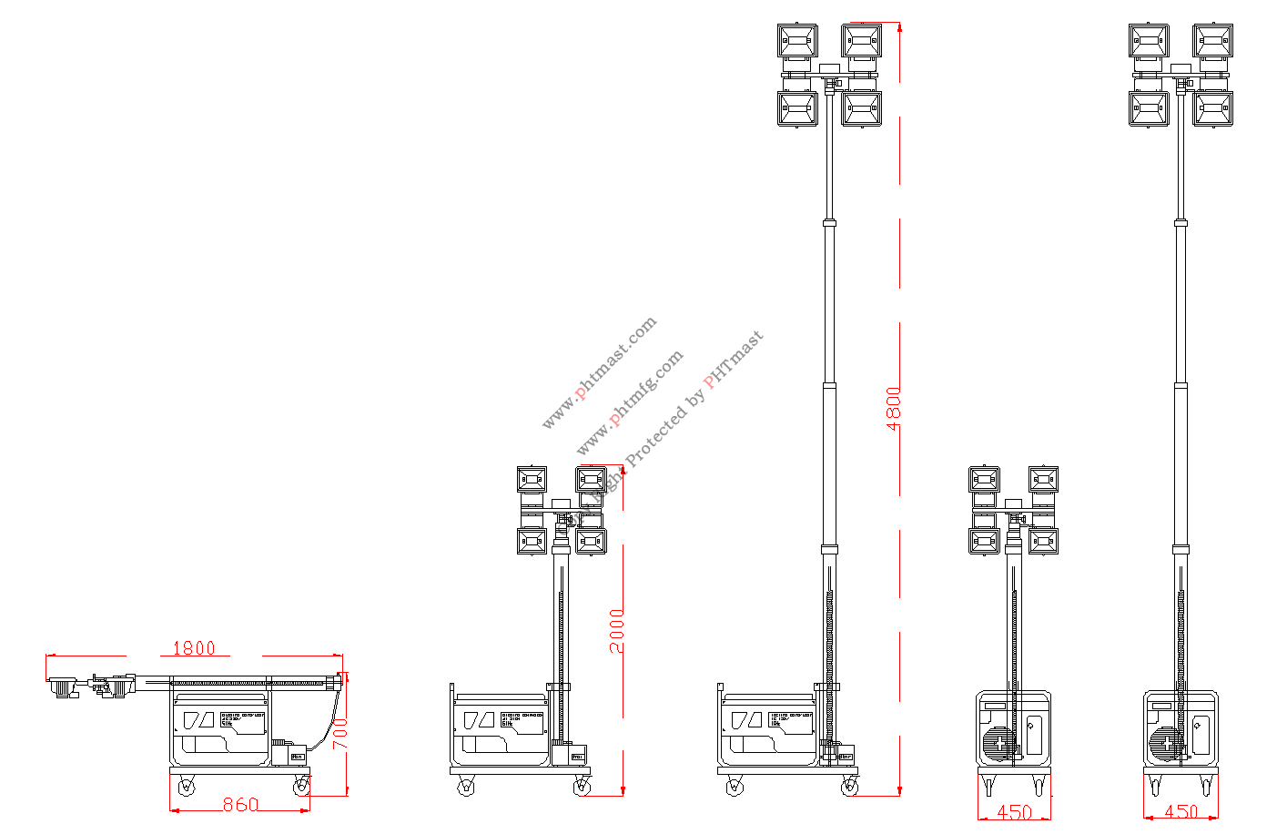 light tower PHT-540 2000W portable gasoline generator mobile light tower/ 4x500W halogen lamps/4.2m pneumatic telescopic mast