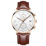 Chronograph Function Alloy Men Quartz Wristwatch Black Genuine Leather Strap