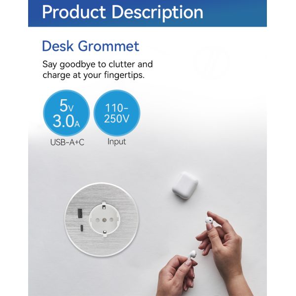 German Schuko Desk Power Grommet Electrical Socket With PD 20W 80mm For Office Furniture