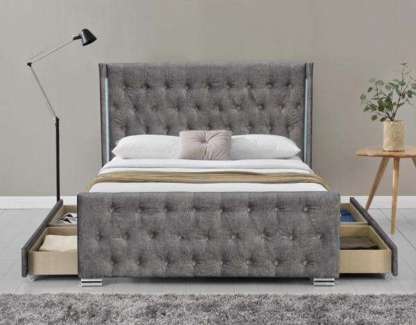 Wing Back Ottoman Tufted Storage Bed King Size Wood Sliver Grey Crushed Velvet