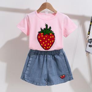 Wholesale White And Pink Strawberry Cotton Little Girls Clothes Girls Outfit Sets from china suppliers