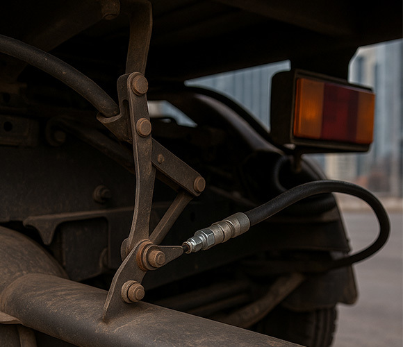 Close-up view of a 3000lb pull-only brake cable installed on the rear axle of a heavy-duty truck, showcasing mechanical lever connection for manual parking brake actuation.
