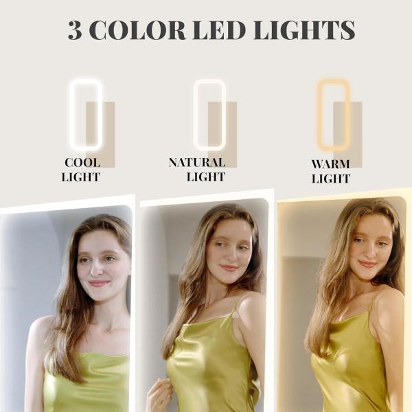 Modern Full Length Mirror Jewelry Cabinet with LED Modes and 3 Back Shelves for Jewelry Storage