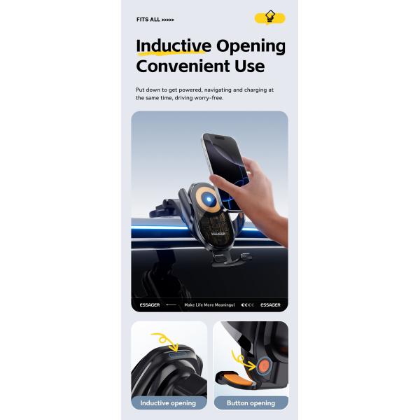One-hand Operation Car Phone Holder with Wireless Charger and Anti-slip Features ESSAGER A6 360 Rotation