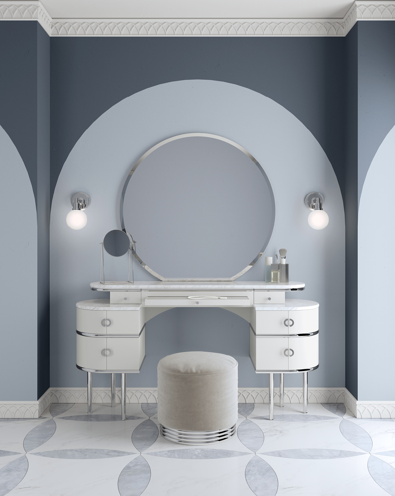 Mirrored Makeup Vanity Desk Dressing Table Chair Set ODM
