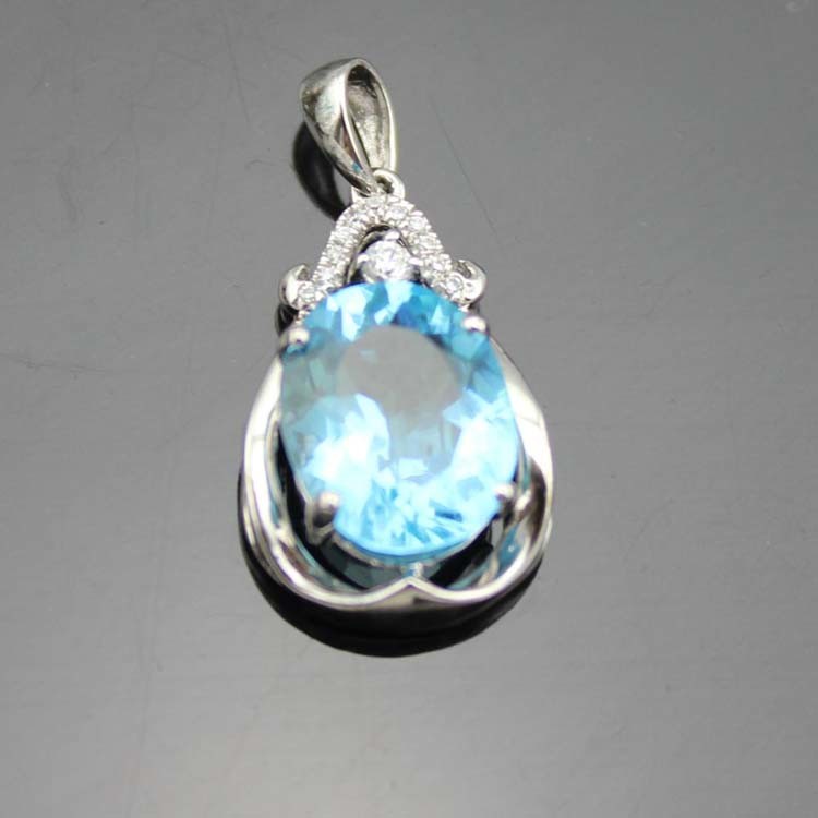 925 Silver Jewelry 9mm x11mm Oval Blue Topaz Cubic Zircon Pendant(PSJ0420)