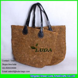 Wholesale LUDA high quality pu handles beach bag brown raffia crochet straw handbag from china suppliers