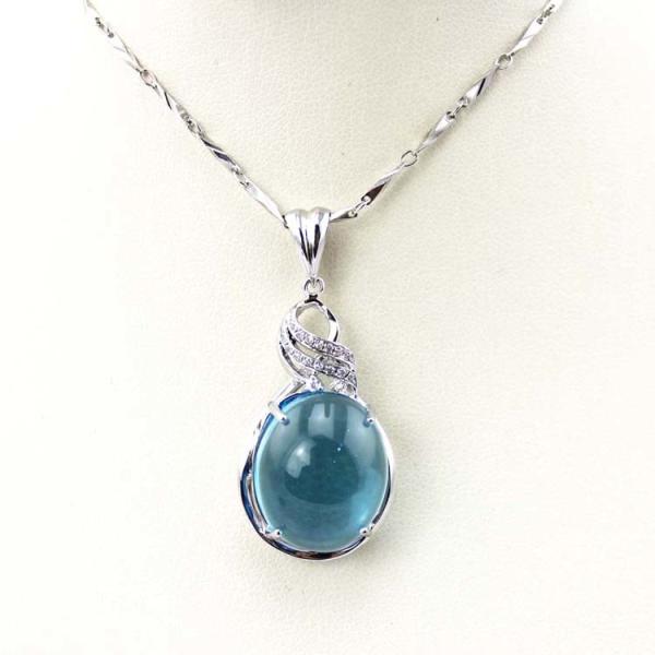 Sterling Silver Chain Oval Dome Blue Topaz Cubic Zirconia Charm Pendant Necklace
