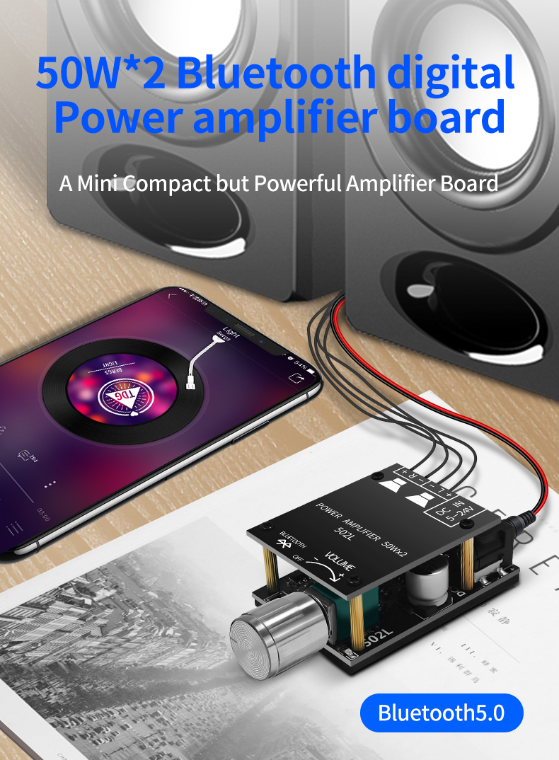 ZK-502L Mini for Bluetooth 5.0 DC 5-24V 50Wx2 Stereo Power Amplifier Wireless Audio Digital Board for Bluetooth Amplificador Spe