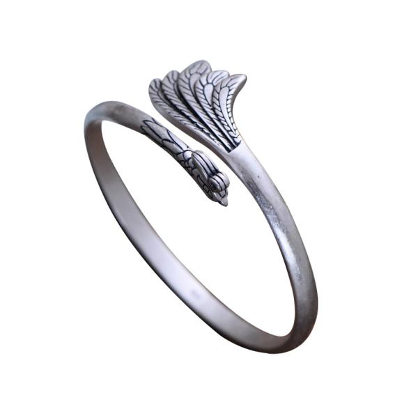 Handcraft Engraved Peafowl Design Sterling Silver Cuff Bracelet for Women