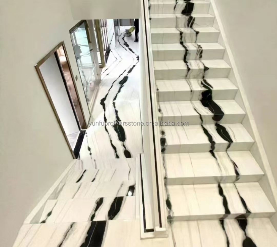 Modern Hotel Staircases Brothers Stone Panda White Marble Treads and Risers Anti Slip