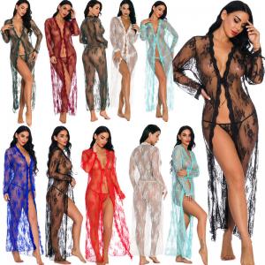 Wholesale Lace Underwear Sheer See Through Robes Lingerie V Neckline Eyelash Dress Sleeve Nightdress from china suppliers