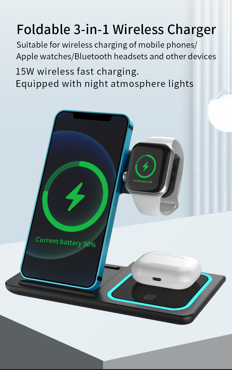 3 In 1 Can Foldable Fast Wireless Charger Customized Logo For Phone Earphone IWatch