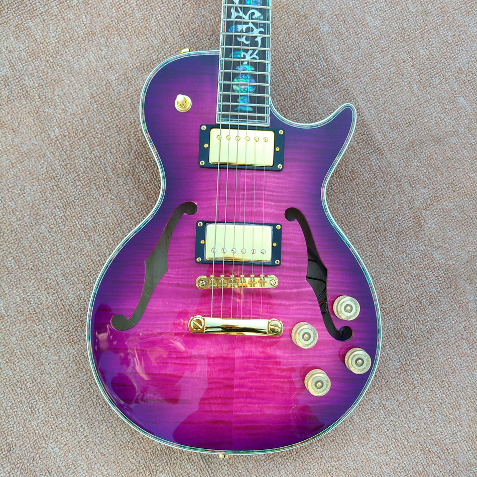 Custom LP Semi Hollow body Electric Guitar with F holes, Abalone Flower inlaid fingerboard guitar, free shipping