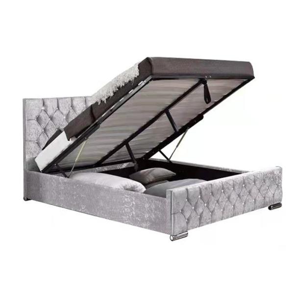 Silver Crushed Velvet Ottoman Bed , Hydraulic Gas Lift Double Bed Frame