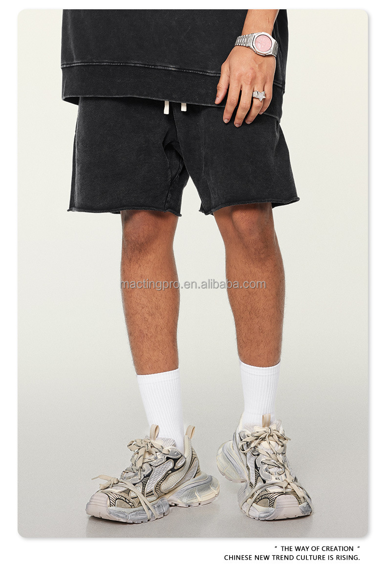 2024 Summer Men's Acid Washed Jogger Workout Gym Vintage Elastic Waist Raw Hem Shorts
