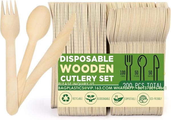 Disposable Wooden Cutlery Set, Pack Of 200 (100 Forks, 50 Spoons, 50 Knives)
