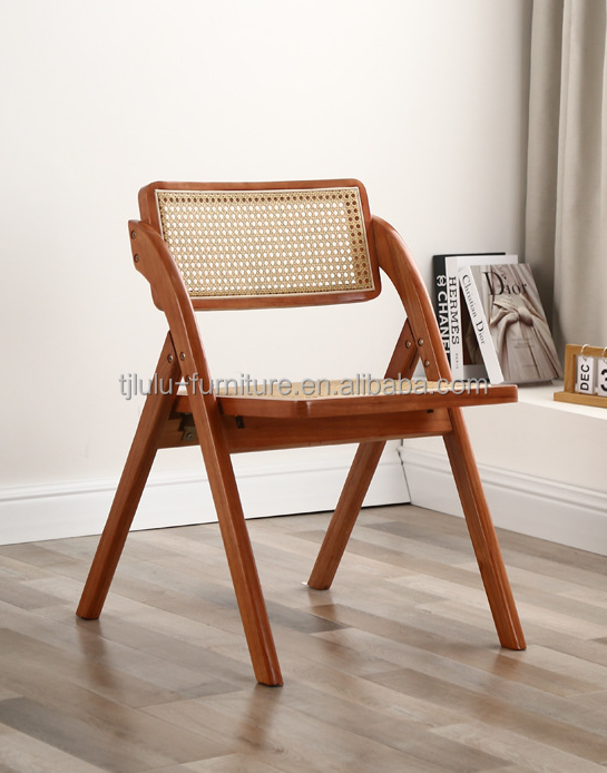 OEM Service Accepted Natural Rattan Solid Wood Dining Chair Furniture with Foldable Design