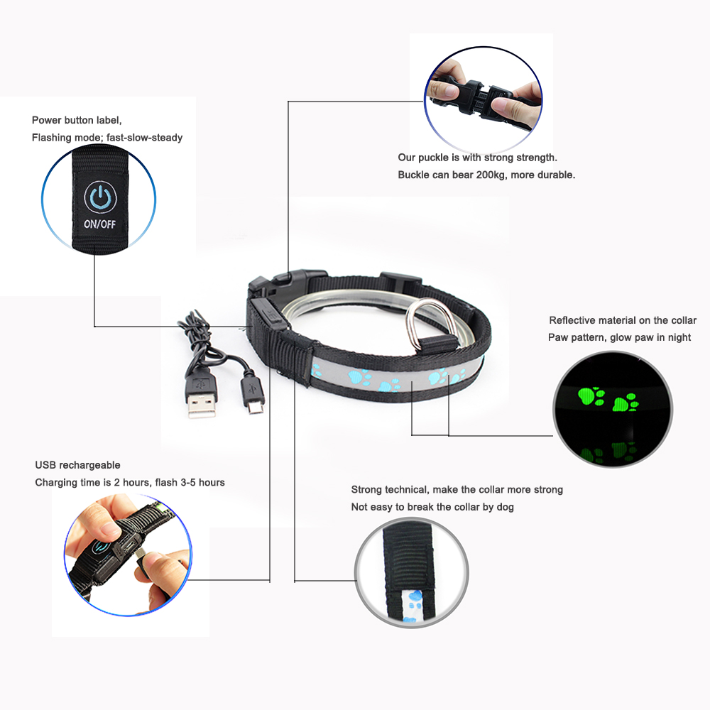 Custom Nylon Led Light Up Dog Collar / Flashing Dog Collar Safety Dog Led Light For Collar