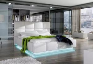 Wholesale Luxury Storage Modern European Platform Bed White Faux Leather With LED Light 180*200cm from china suppliers