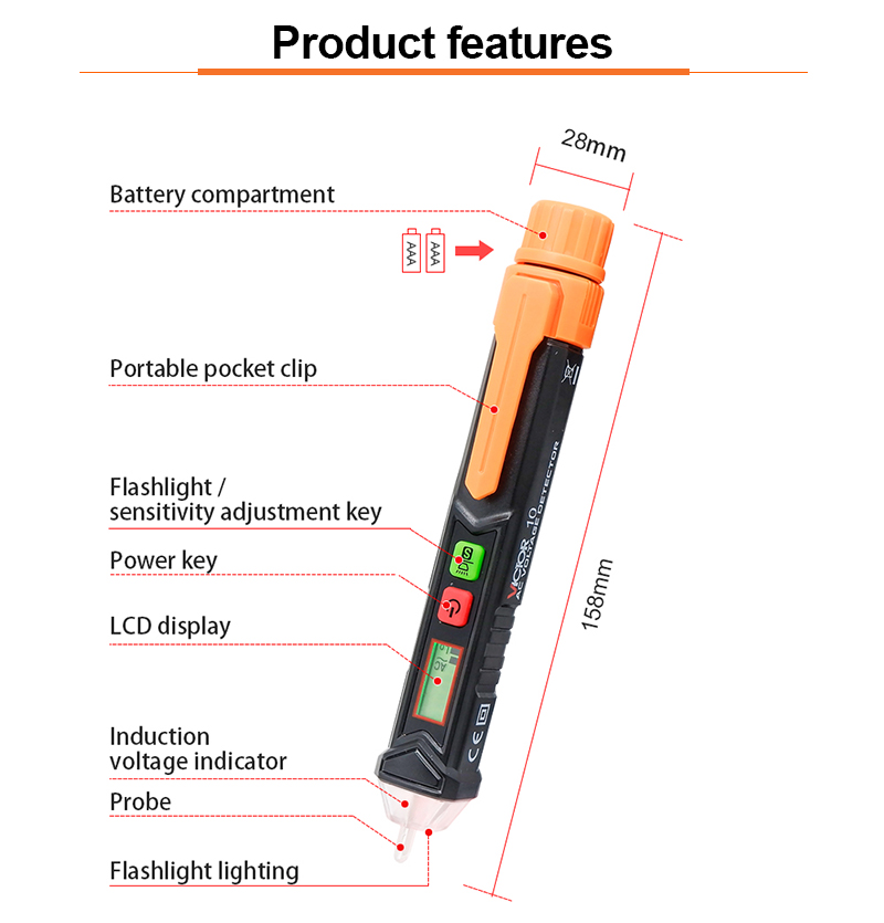 Non-contact AC Voltage Detector meter LCD Display NCV Sensitivity Alarm Electric Circuit Breaker Finder Pencil Tester