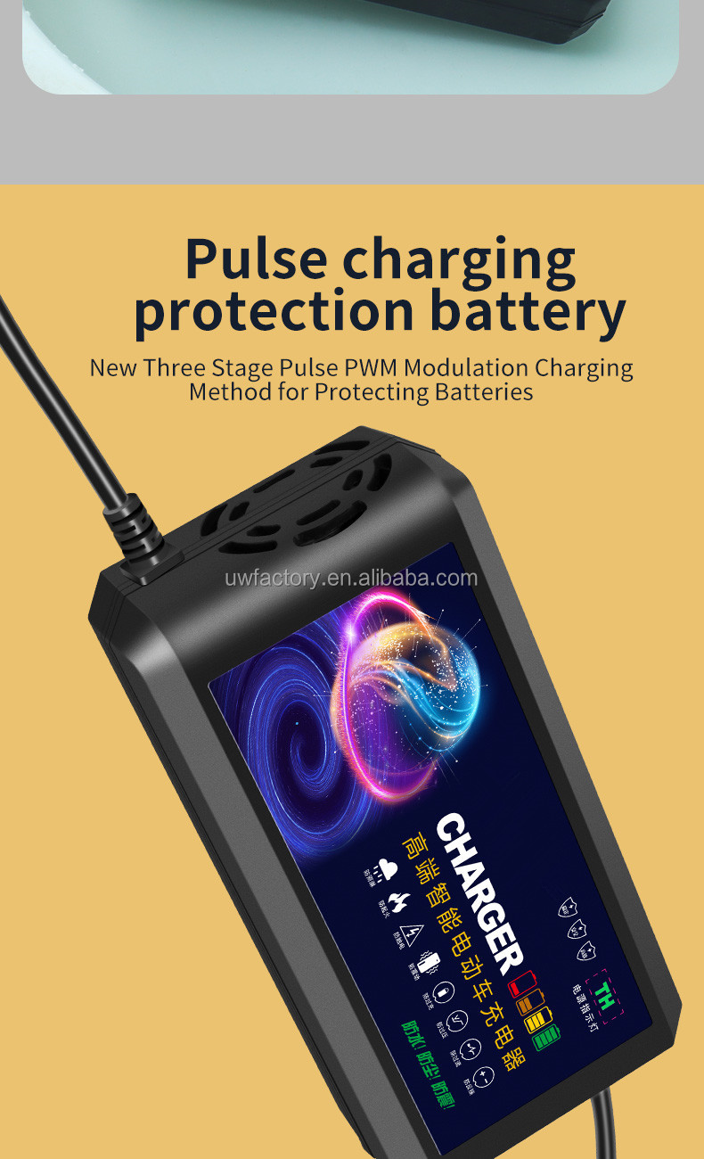2025 Smart Electric Motorcycle 48V20AH Lead Acid Battery Charger with 93% Charging Efficiency and 12V/1.5A Output