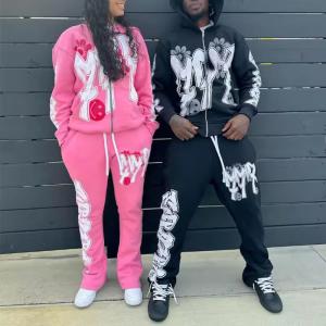 Wholesale Custom Puff Print Logo Stacked Flare Sweatpants and Hoodie Set 2 Pieces Jogging Suit Sweatsuit Zip up Tracksuit for Men from china suppliers